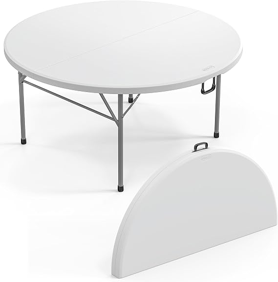VINGLI White 5 FT Round Bi-Folding Commercial Table, 60 inch Portable Plastic Dining Card Table for Kitchen Party Wedding Event, 1-Pack
