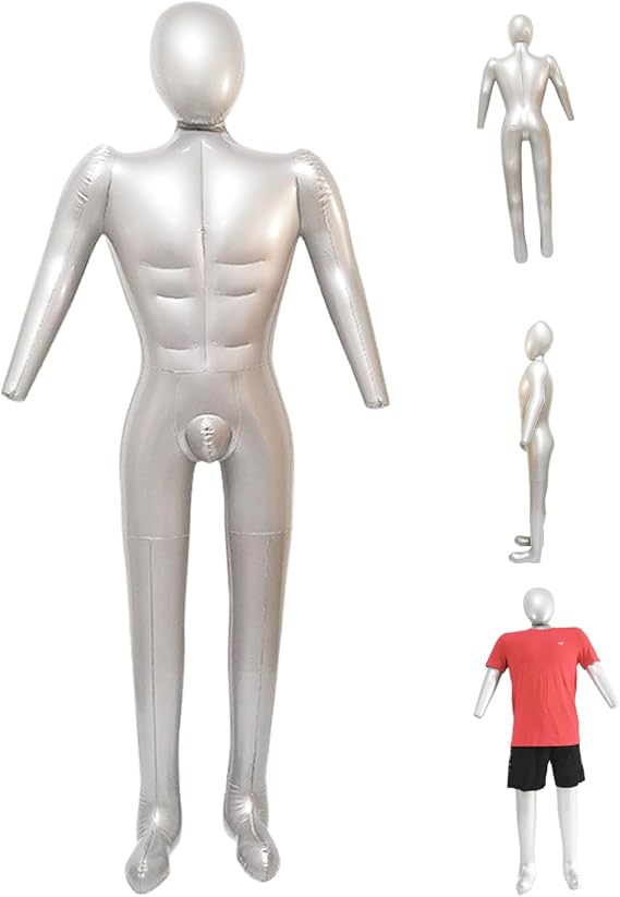 Inflatable Mannequin Full Body PVC Soft Inflatable Dummy with Arm Stylish Man Blow up Mannequin for Clothing Display, Silver
