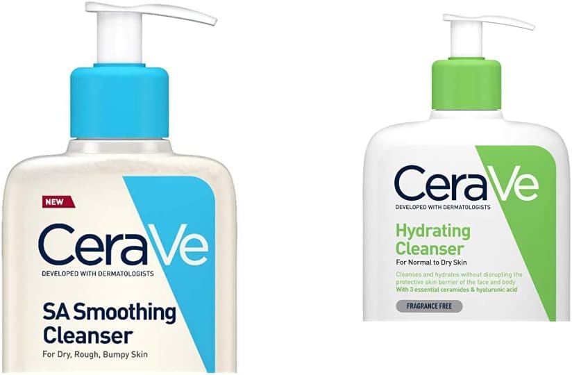 CeraVe SA Smoothing Face and Body Cleanser for Dry, Rough and Bumpy Skin 236ml with Salicylic Acid &amp; Hydrating Cleanser for Normal to Dry Skin 236 ml with Hyaluronic Acid and 3 Essential Ceramides