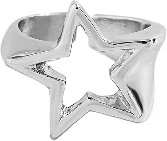 Hollow Star Ring for Women,Vintage Silver Gothic Geometric Open Adjustable Stackable Finger Knuckle Rings,Metal Hollow Simple Star Shaped Grunge Band Y2K Statement Chunky Ring