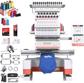 Poolin EOM 15-Needle Embroidery Machine | Starter Bundle Includes 15 Threads, 144pcs Pre-Wound Bobbins, 12x25'' Cut Away Stabilizer