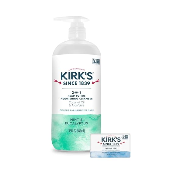Kirk's Mint and Eucalyptus 3-in-1 Nourishing Cleanser and Travel Bar Soap, Shampoo Body Wash Bubble Bath, Coconut Oil and Aloe Vera, Vegan Non-GMO, 32 Fl Oz