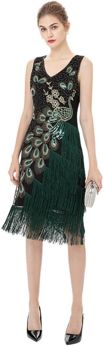 1920s Slim-fit Wedding Dress Female Sequin Evening Dress Retro Wedding Dress Bridesmaid Dress (Black,L)