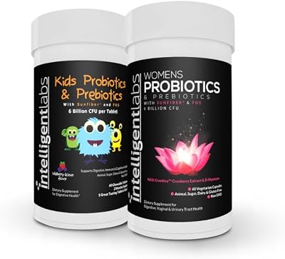 Intelligent Labs 2-in-1 Bundle of Kids Probiotics with Hydrolyzed Guar Gum and FOS  Womens Probiotics UTI Formula with Cranberry & D-Mannose, No Refrigeration Required, 2 Months Supply Per Bottle