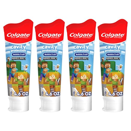 Colgate Minecraft Kids Toothpaste with Fluoride, Minecraft Toothpaste with Mild Bubble Fruit Flavor, For Children Ages 2 and Older, Helps Protect Against Cavities and Strengthens Teeth, 4.6 oz, 4 Pack