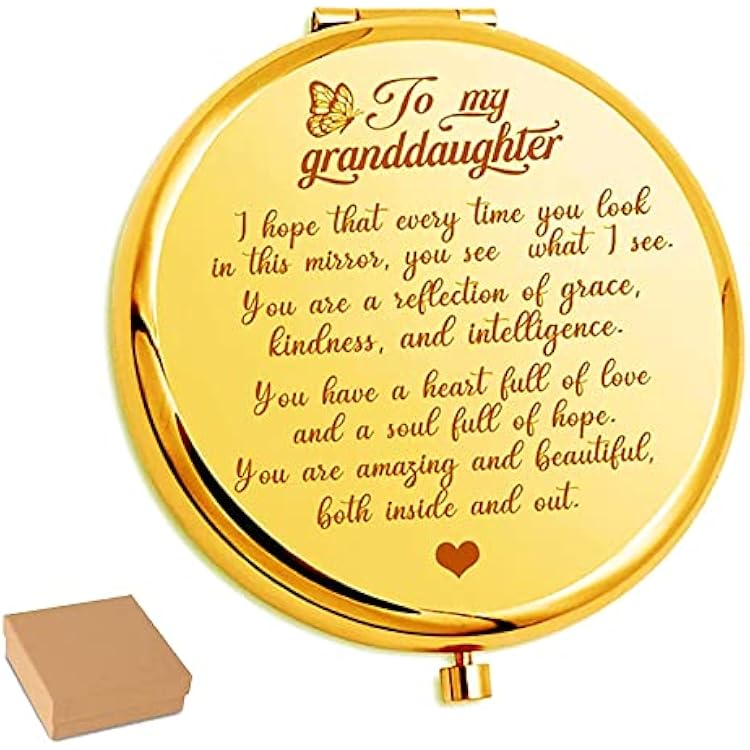 My Granddaughter - Reflection Engraved Hand-Held Folding Mirror, Youre Amazing and Beautiful Pocket Mirror, Personalized Travel Makeup Mirror, Compact Mirror Gift for Women Girl Gold
