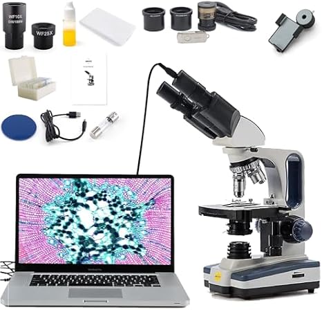 SWIFT SW350B-EC5R-5PBC-SPAE2628 40X-2500X Siedentopf Research-Grade Compound Lab Binocular Microscope with 5MP Camera and Smartphone Adapter and 5 PCS Prepared Slides and 5 PCS Blank Slides