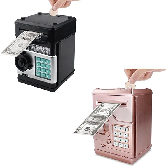 Piggy Bank Electronic Mini ATM for Kids Baby Toy, Safe Coin Banks Money Saving Box Password Code Lock for Children,Boys Girls Best Gift (Black + Rose Gold)