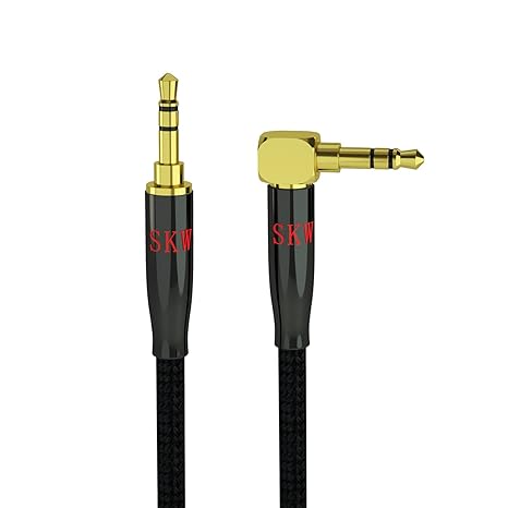 SKW Audiophile 3.5mm Right-Angle Stereo Aux Cable 1/8" TRS 1.6ft/0.5m | Dual-shielded, gold-plated contacts, nylon-braided jacket, sturdy and durable, Hi-Fi stereo fidelity, 90 degrees