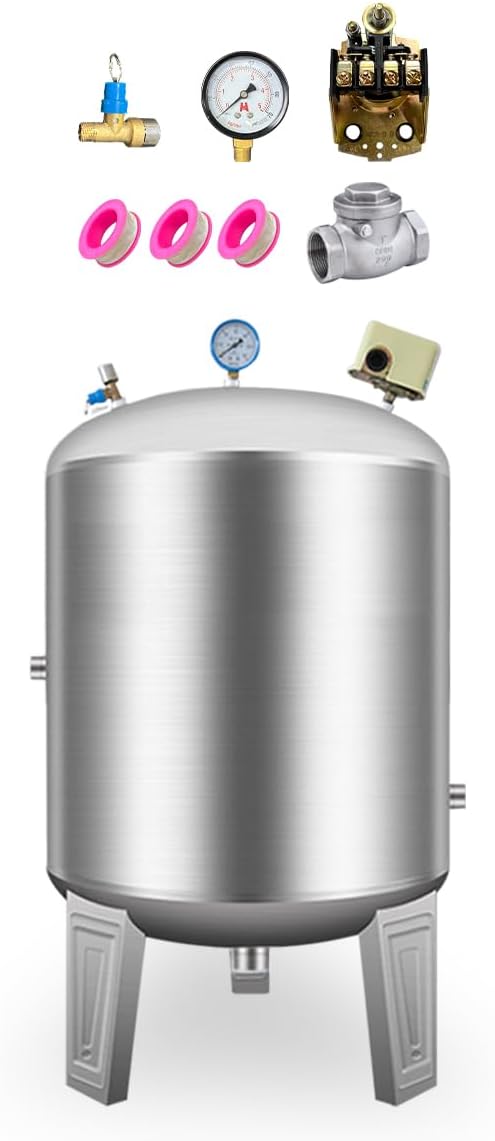 No Bladder - 15/25/40/50/65/80 Gallon Well Pressure Tank, 304 Stainless Steel Well Pump Pressure Tanks with 1" NPT Port & Check Valve/Water Tank Systems for House Well (60L/15Gal)