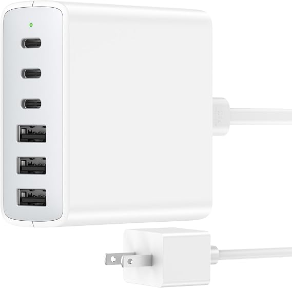 USB C Fast Charger Block, 100W 6 Ports Charging Station Hub for iPhone 16 15 14 13 Pro Max, iPad Pro Air Mini, Galaxy, for Air-pods 4, Pro 2, 25W PPS Type C Wall Charger with LED, 5ft Cord