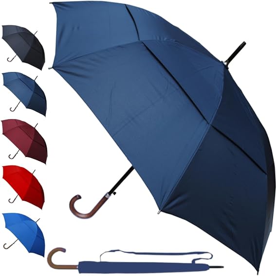 60MPH Windproof Umbrella Large Strong Umbrella - StormDefender City - Best for Vented Double Canopy - Auto Open - Solid Wood Hook Handle - Rainproof