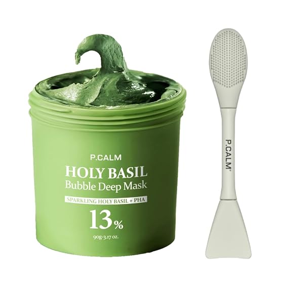P.CALM Viral Holy Basil Bubble Mask + Dual Pore Brush Set Deep Cleansing for Pores & Blackheads with Holy Basil & Carbonated Water