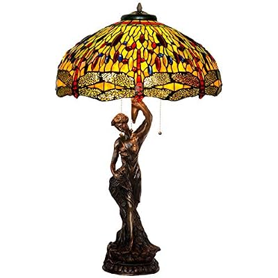 HT Tiffany Style Antique Table Lamp 20 Inch Wide Dragonfly Stained Glass Shade 1-Light Peacock Goddess Shape Bronze Antique Base Traditional Handmade Lighting for Dining Room Living Room Nightstand