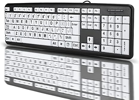 Large Print Computer Keyboard, Wired USB Keyboards with Large White Printing Keys, Standard 104 Keys, for The Elderly, Visually Impaired Low Vision Individuals