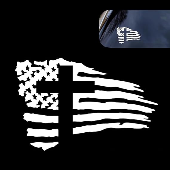 American Flag Sticker with Cross, Vinyl Christian Jesus Christ Stickers for Car, Waterproof Personalized Decal Sticker, for Car Windows, Bodies, Trucks, Laptops & Refrigerators (White)