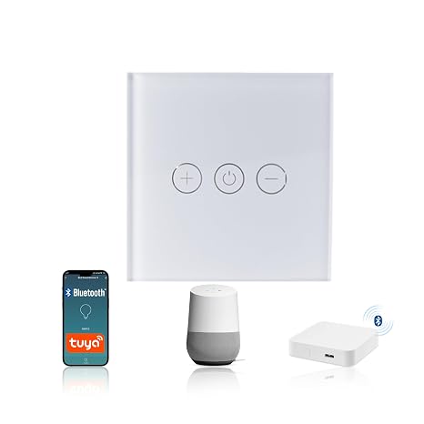 Bluetooth Touch Dimmer Switch, No Neutral Wire Required, 150W High Power Dimmable Light Switch, Tuya Smart Life App Control, Glass Panel 1 Gang for UK Home, White