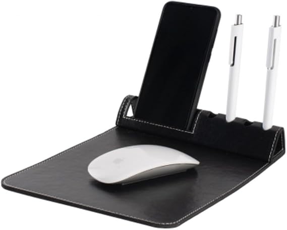 Deri Mouse Pad ve Masaüstü Organizer - Telefon Standlı ve Kalemlik Bölmeli 3'ü 1 Arada Ofis Aksesuarı - Kaymaz Taban Şık Dikişli Suni Deri Mousepad - Siyah