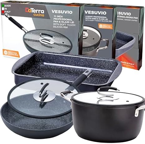 Nonstick Large Chef Bundle Roasting & Lasagna Pan, 11" Frying Pan with Lid, 8 Qt Dutch Oven with Lid Oven Safe, PTFE & PFOA Free Cookware Set - Made in Italy, Volcanic Black