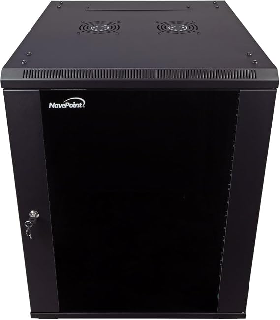 NavePoint 15U Server Cabinet Wall Mount Rack Enclosure with Caster Wheels, 2 Fans, Locking Glass Door, Removable Side Panels 15U Network Cabinet 23.6 Deep, 19 Server Rack for IT Equipment