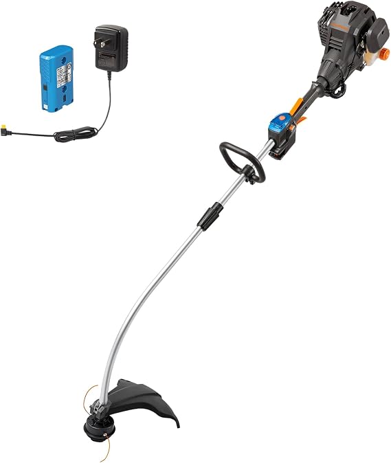 LawnMaster 25cc 2-Cycle Gas String Trimmer with No-Pull Electric Start 17-Inch Cutting Swath Multi-Attachment System 420mL Fuel Tank Lightweight Curved Shaft Design