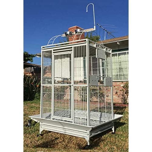 Extra Large Double Ladders Open Play Top Wrought Iron Bird Parrot Parttot Finch Macaw Cockatoo Cage, Include Seed Guard and Toy Hook 32 x 23 x 66H White Vein