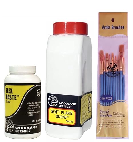 Woodland Scenics Flex Paste (C1205), Soft Flake Snow (SN140), and Make Your Day Paintbrushes