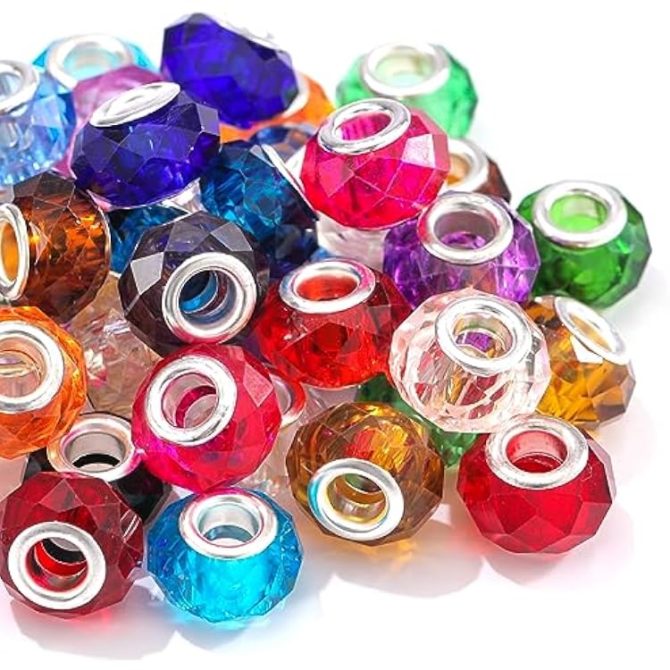 Large Hole Beads Murano Glass Beads Assorted Faceted European Lampwork Spacer Loose Bracelets Beads Silver Plated Cores Charms for DIY Crafts Jewelry Making 50 Pcs Mixed