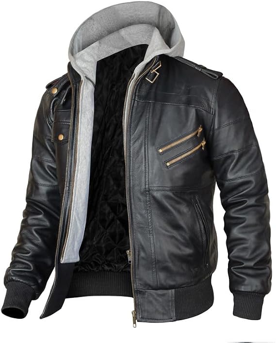 Mens Leather Winter Hooded Jackets for Men - Real Lambskin Waxed Brown Leather Jackets for Men With Removable Hood