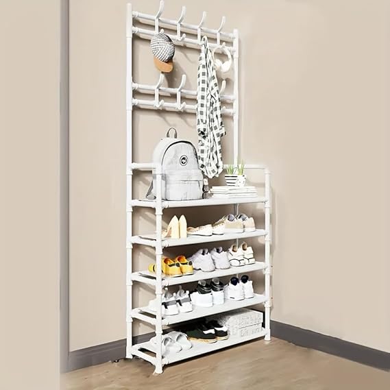 Space-Saving Coat Rack, Multipurpose Coat Hanger And Shoe Shelf, Carbon Steel Freestanding Shoe and Coat Organizer with 8 Hooks, Easy Assembly, Non-Slip Feet (White)