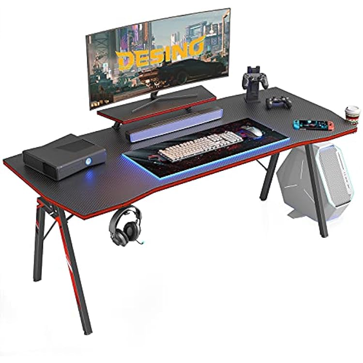 DESINO Gaming Desk 55 inch PC Computer Desk, Home Office Desk Table Gamer Workstation with Cup Holder and Headphone Hook, Black
