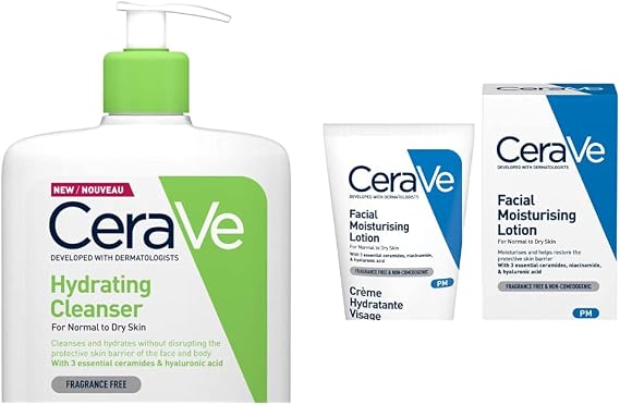 CeraVe Hydrating Cleanser for Normal to Dry Skin 1 Litre & PM Daily Facial Moisturiser Lotion for Normal to Dry Skin 52ml with Niacinamide and 3 Essential Ceramides