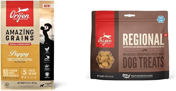 ORIJEN Dry Dog Food, High Protein, Amazing Grains Puppy 22.5LB Freeze Dried Dog Treats, Regional Red, 1.5oz