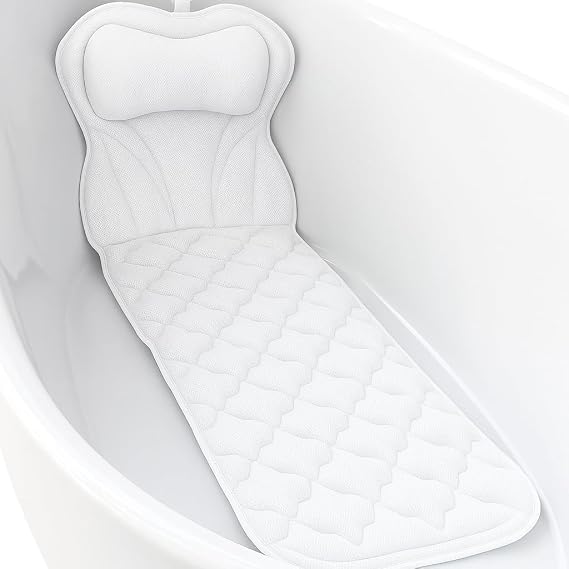 Full Body Bath Pillow Mat & Non-slip Cushion with 5D Air Mesh and 16 Powerful Suction Cups, Ergonomic Design Support Head and Neck Back for