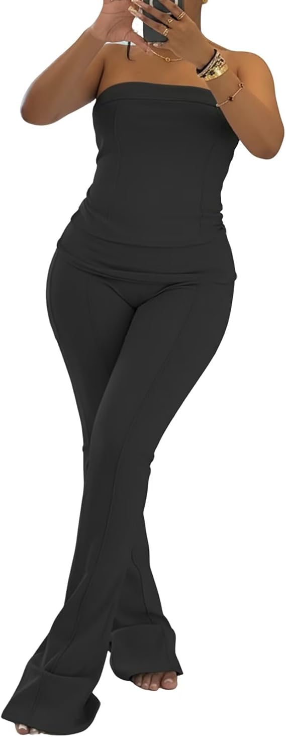 Ekaliy 2 Piece Outfits for Women Workout Sets Summer Tube Croptop Straight Pants Tracksuit for Yoga Going Out Outfit