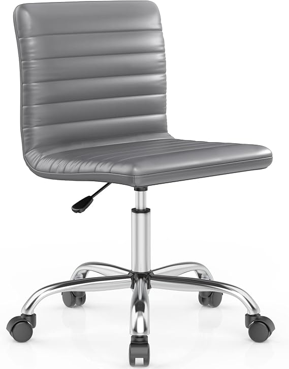 Desk Chair, Armless Office Chair Leather Swivel Task Chair Mid Back Ribbed Home Office White Desk Chair for Adult Child, Vanity Chair, Grey