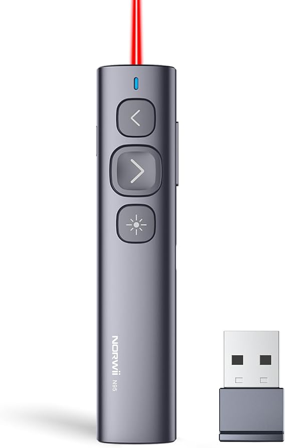 Norwii N95 Presentation Clicker, PowerPoint Clicker for Presentation Remote, Rechargeable Wireless Presenter Pointer, Slide Advancer for PC/Laptop/e-Book in Classroom, Auditorium, Church (Red, USB-A)