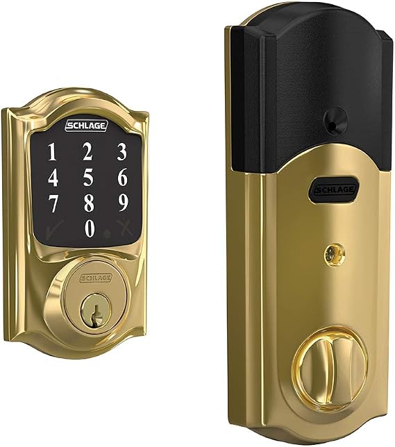 Schlage Connect Smart Deadbolt Lock with Touchscreen Keypad, Keyless Front Door Entry, Zigbee Certified, Bright Brass, BE468GBAK CAM 605