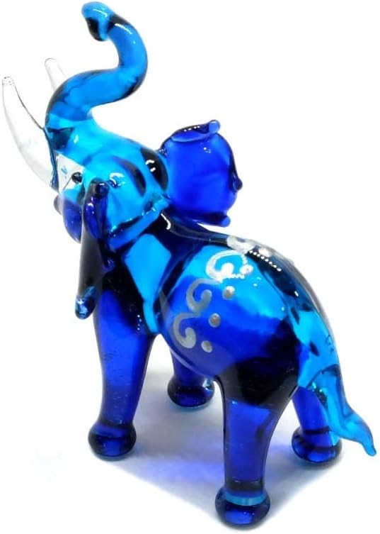 Handmade Mini 2.25" Blown Glass Blue Elephant Figurines with Thai Art No.8