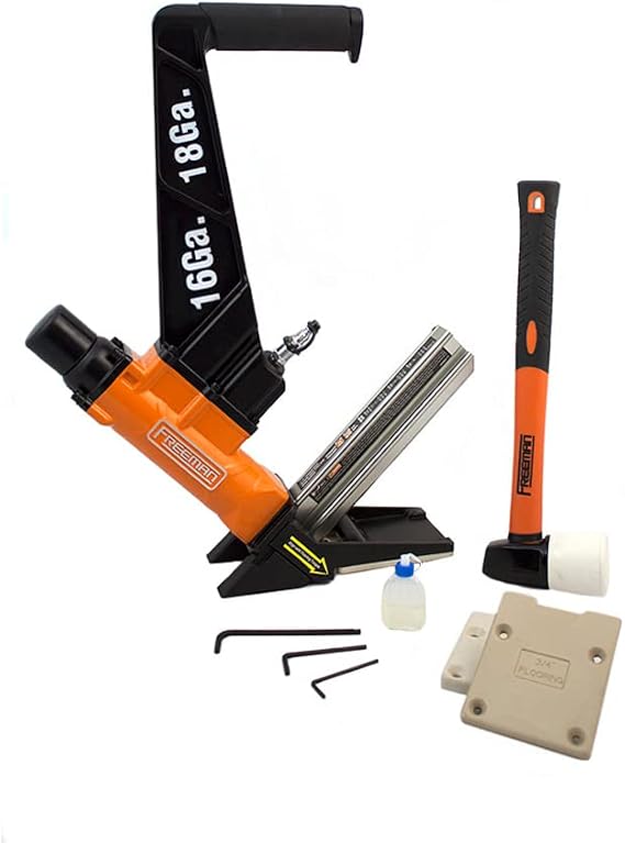 Freeman PF1618GLCN Pneumatic 3-in-1 16-Gauge and 18-Gauge 2" Flooring Nailer with Flooring Mallet and Interchangeable Base Plates