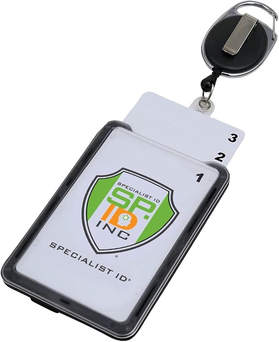 Hard Plastic 3 Card Badge Holder with Retractable Reel - Retracting ID Lanyard Features Belt Clip & Carabiner - Rigid Vertical CAC Holder - Top Load Holds Three Cards by Specialist ID (Black)