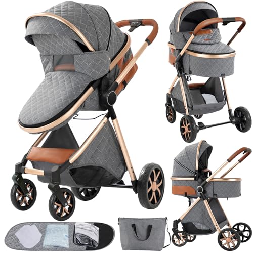2 in 1 Baby Stroller Convertible Reversible Standard Pram Portable Pushchair Infant Buggy Baby Carriage Foldable High Landscape Pram for Toddler Newborn 225 Grey