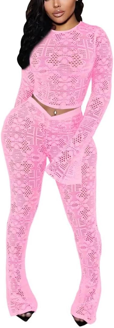 Kafiloe Women Sexy 2 Piece Outfits Clubwear Mesh Hollow Out Long Sleeve Crop Top Flare Pants Set Birthday Outfits Pink M