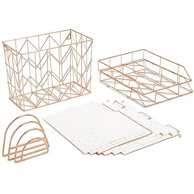 U Brands Desktop Fashion Filing Set, Desktop Organizer, Rose Gold Wire Metal, 10 Piece Office Gift Set 2104U00-01