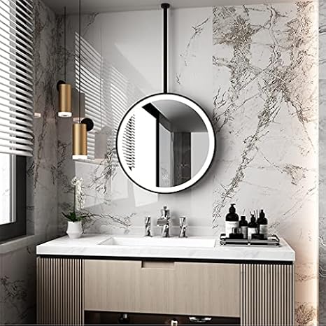 TBTBGXQ Hanging Metal Frame LED Illuminated Bathroom Mirror, Round, Ø40cm + Boom 60cm, Wall Mount, Touch Sensor, Contemporary Black