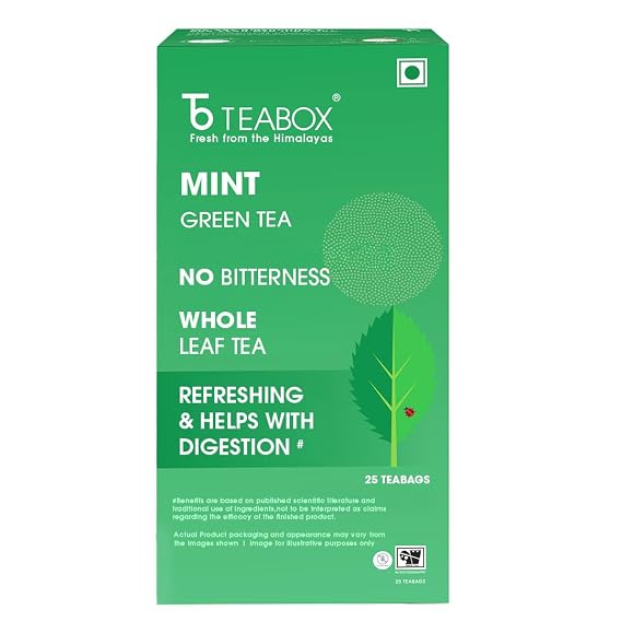 Teabox Premium Darjeeling Green Tea With Natural Peppermint Leaves |100% Whole Leaf & 0% Bitterness | Green Tea From The Himalayas | 25 Tea Bags (Low Caffeine)