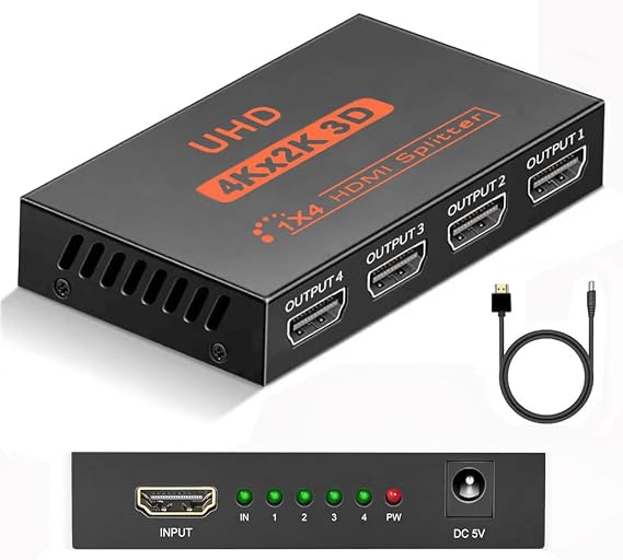 HDMI Splitter 1 in 4 Out 4K, 1x4 HDMI Splitter 3D Full HD 1080P, for Monitors Duplicate/Mirror, Compatible for HDTV PS4 Blu-Ray Player Box STB DVD Player, Projector Etc (1 Source onto 4 Displays)