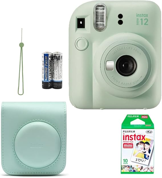 Instax Fujifilm Mini 12 Cameras+Hanger+pil +10-pack film+Bag (GREEN)