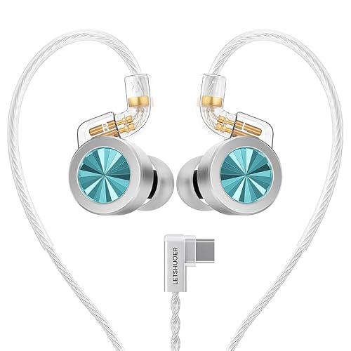 Letshuoer D02 Hi-Fi Type-C in-Ear Monitors IEM,11mm Dual Magnetic Circuit Earphones with Dual-chambered Dynamic Driver,Wired Earbuds with Detachable Silver-Plated Copper Cable and Mic Aqua, Type-c