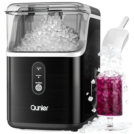 Nugget Ice Maker Countertops, 33lbs Per Day Portable Pebble ice Machine, Crushed ice Maker with Soft Chewable Ice for Home, Party, RV, Camping, Stainless Steel Black